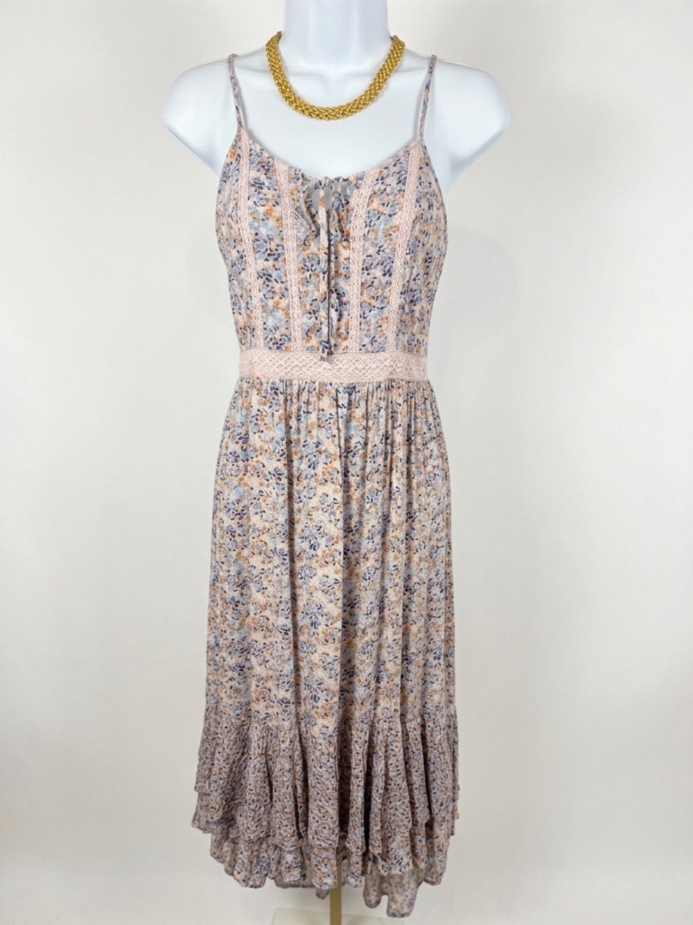 Japna Boho Floral Midi Dress with Crochet Lace Detail Cottagecore Summer Style